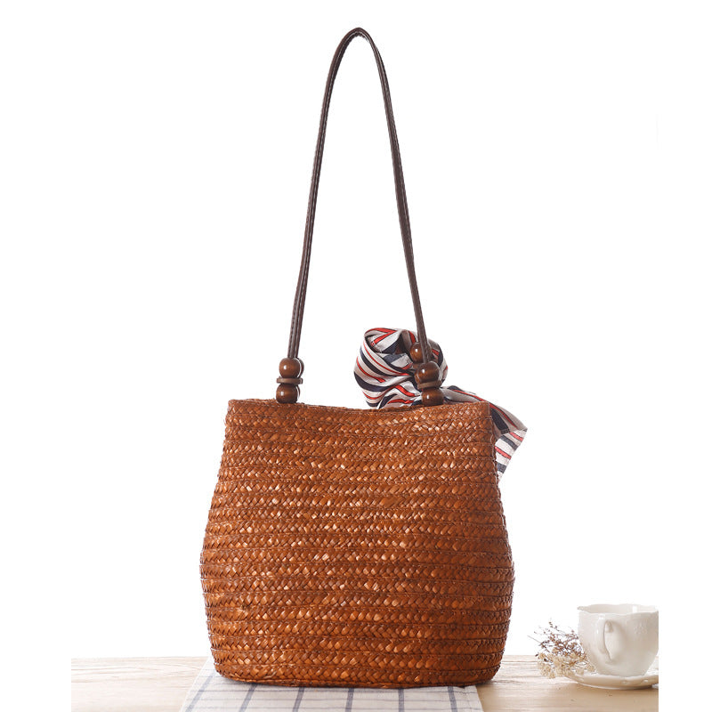 Beaded Shoulder Strap Seaside Straw Bag