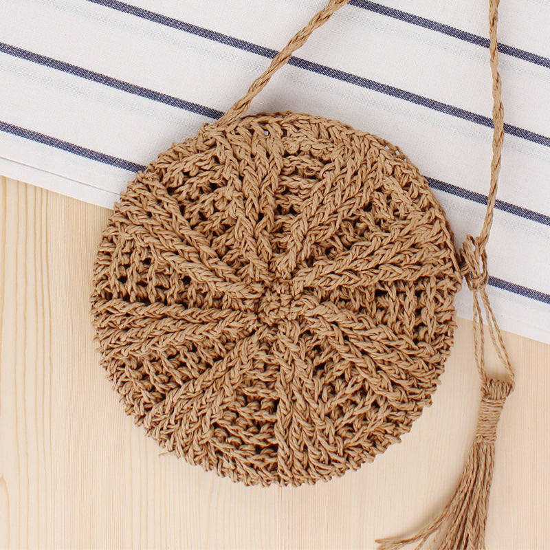 Simple round Tassel Women Crossbody Straw Bag Handmade Shoulder Woven Bag Summer Beach Bag