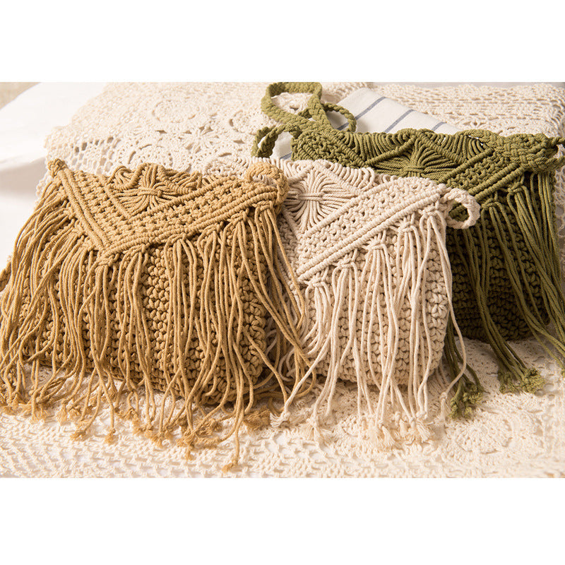 Simple Tassel Crossbody Straw Bag Retro One Shoulder Cotton Thread Woven Bag Summer Beach Bag
