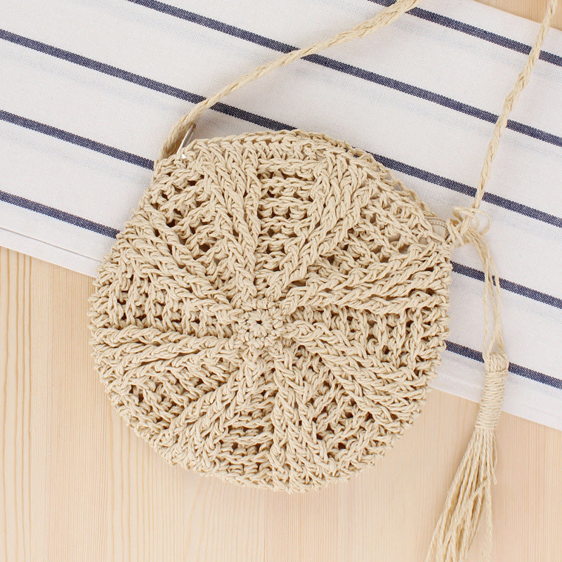 Simple round Tassel Women Crossbody Straw Bag Handmade Shoulder Woven Bag Summer Beach Bag