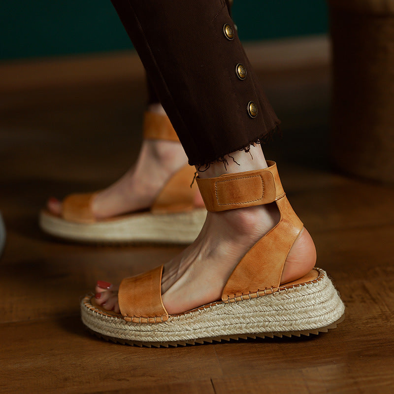 Leather Sandals Braided with a Wedge Heel