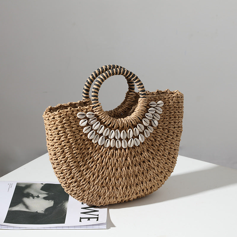 Retro Straw Bag Portable Semicircle Shell Handmade Straw Bag Woven Bag Women Seaside Vacation Beach Bag