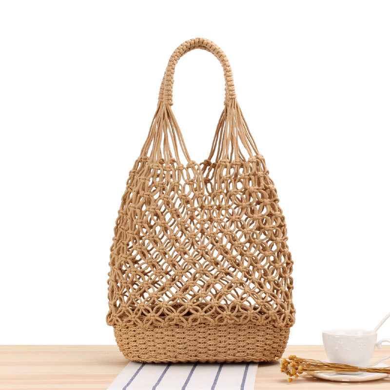 Hollow Out Cutout Shoulder Woven Bag Handmade Mesh Straw Bag Casual Forest Beach Bag