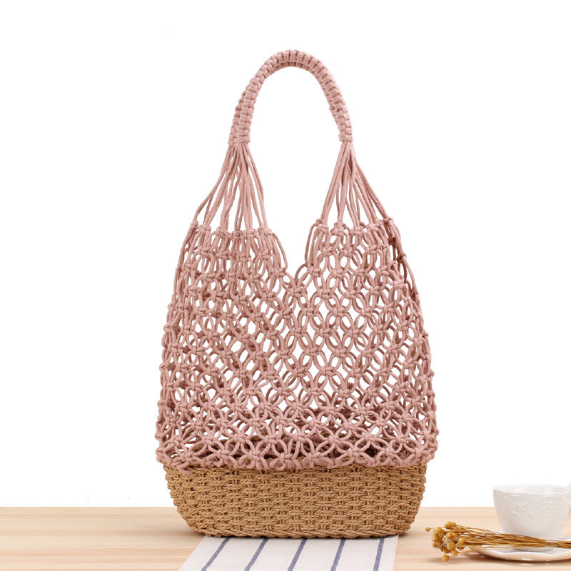 Hollow Out Cutout Shoulder Woven Bag Handmade Mesh Straw Bag Casual Forest Beach Bag