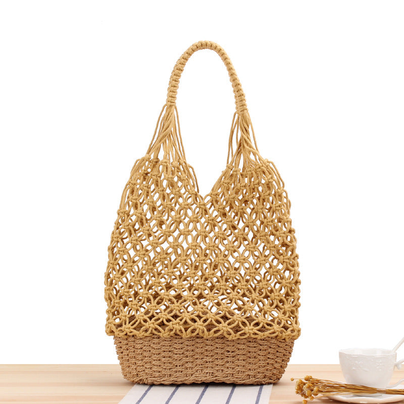 Hollow Out Cutout Shoulder Woven Bag Handmade Mesh Straw Bag Casual Forest Beach Bag