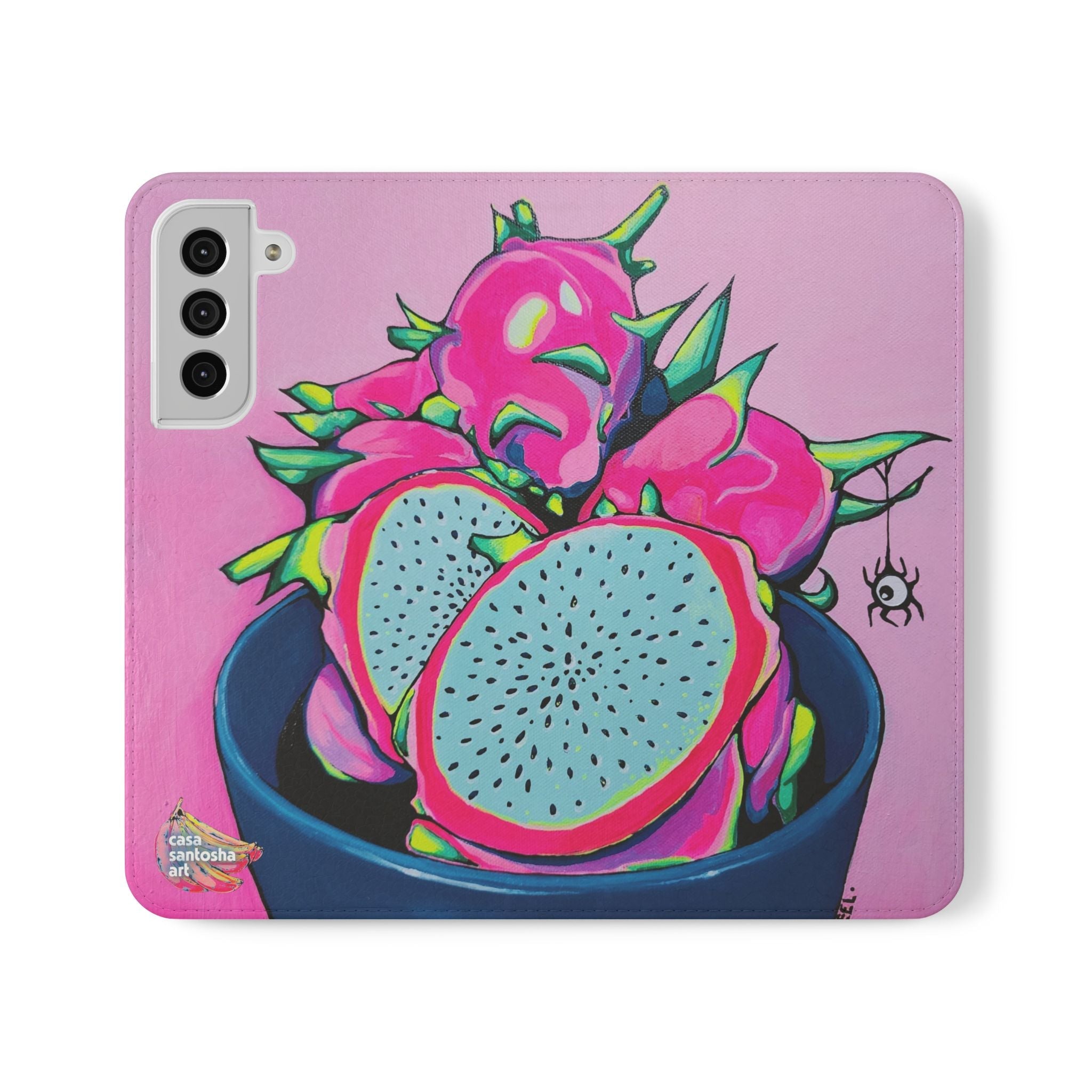 Neon Pink Dragon Fruit Flip Phone Case – Wallet Cover with Card Slots