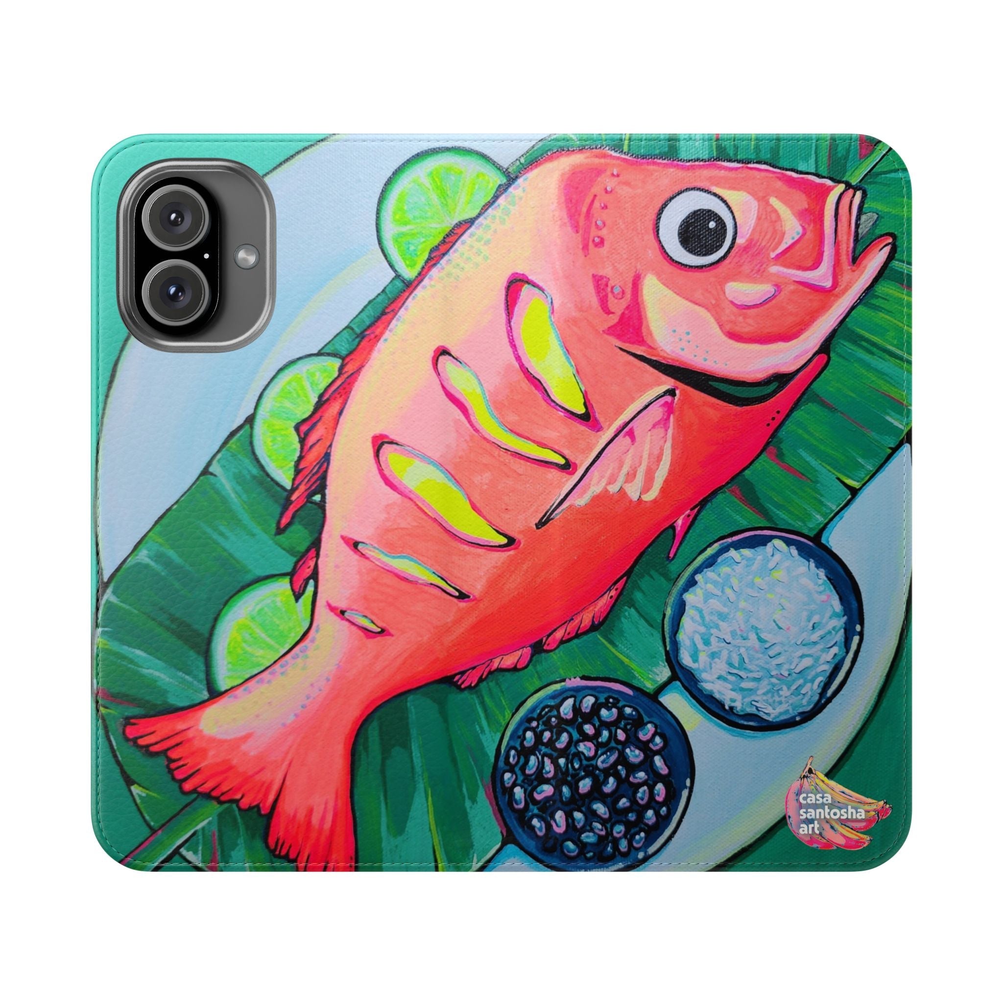 Neon Fried Fish Flip Phone Case – Wallet Cover with Card Slots