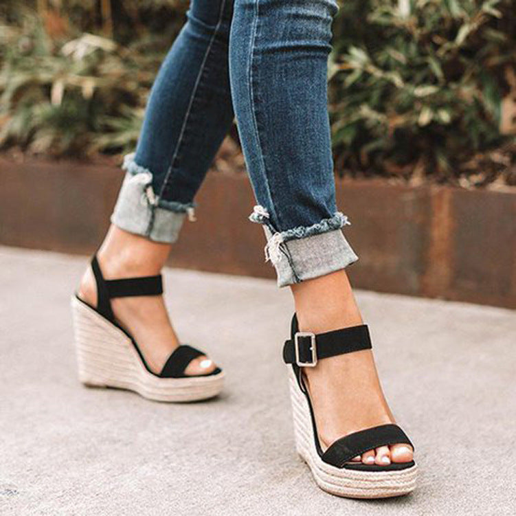 Buckled High Heel Wedge Sandals