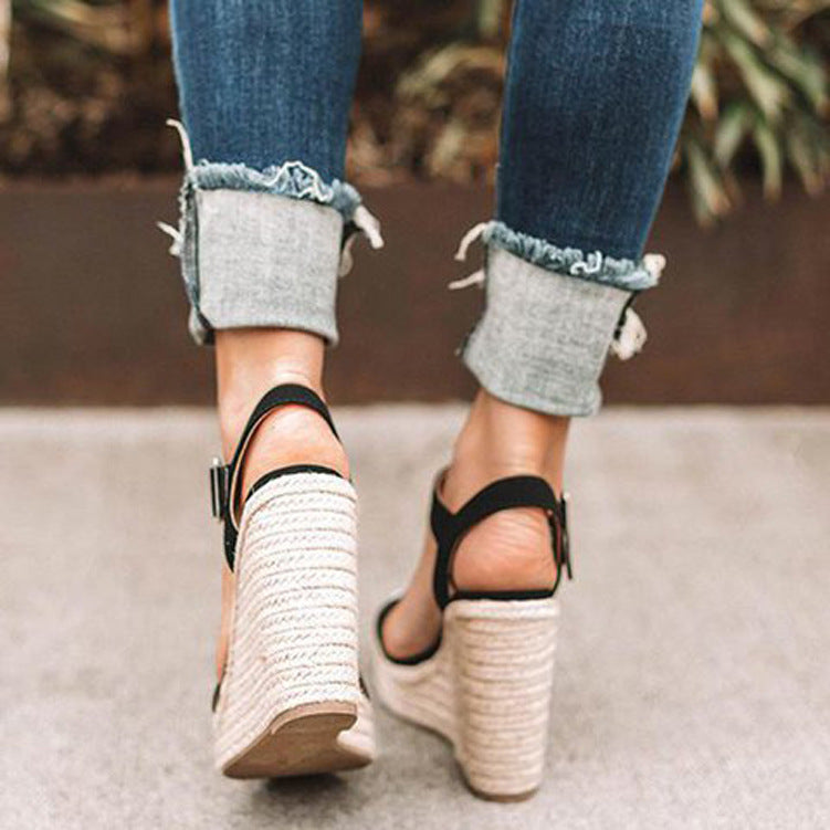 Buckled High Heel Wedge Sandals
