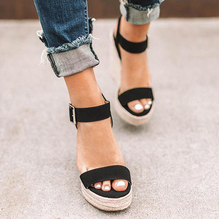 Buckled High Heel Wedge Sandals