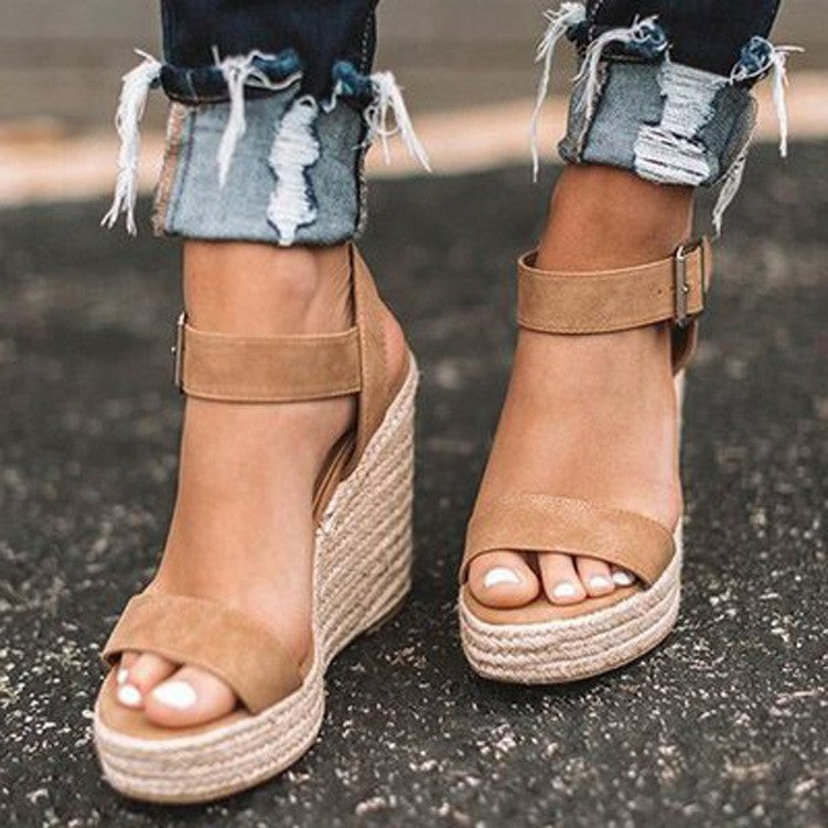 Buckled High Heel Wedge Sandals