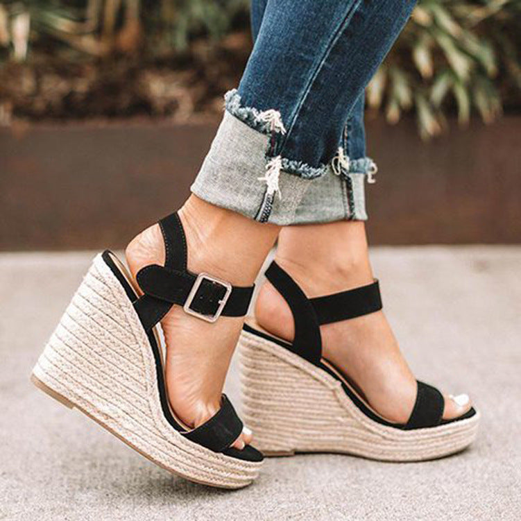 Buckled High Heel Wedge Sandals