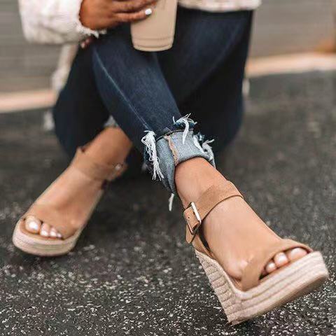 Buckled High Heel Wedge Sandals