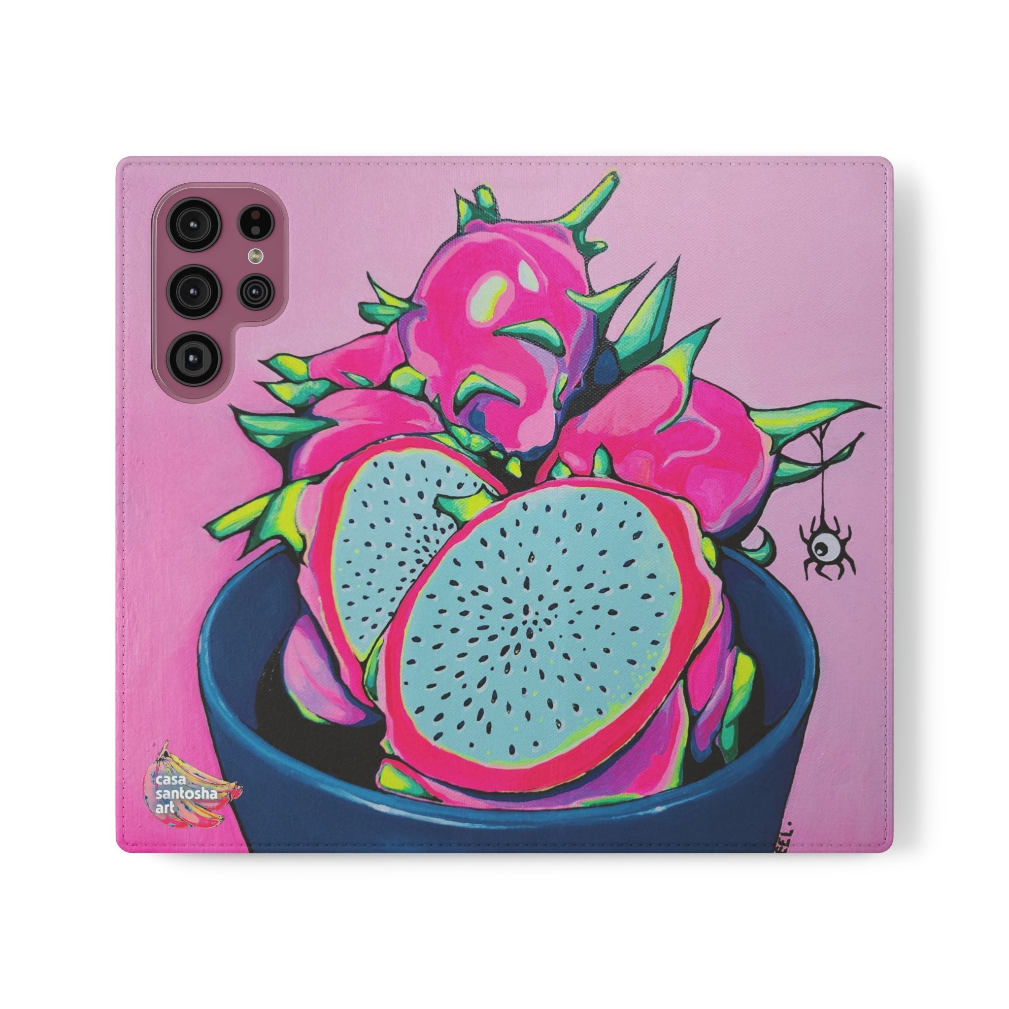 Neon Pink Dragon Fruit Flip Phone Case – Wallet Cover with Card Slots