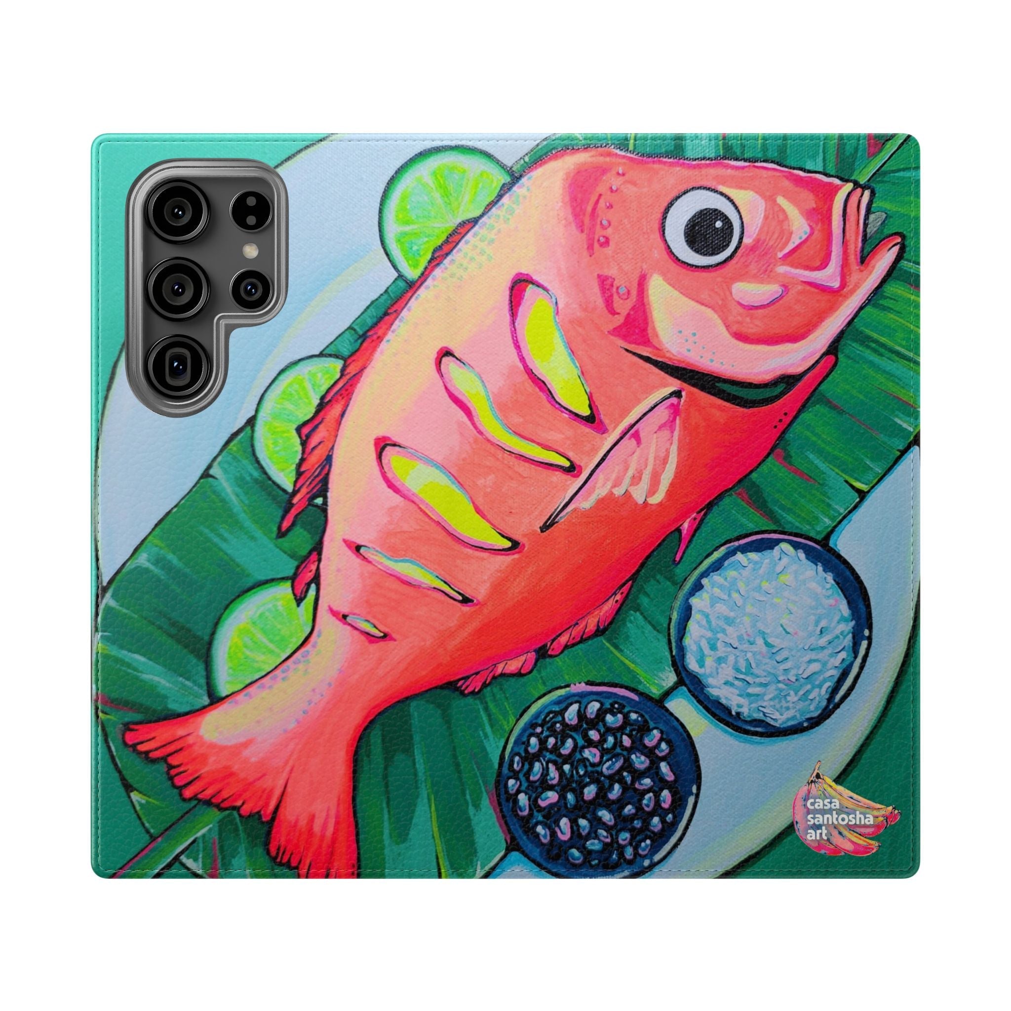 Neon Fried Fish Flip Phone Case – Wallet Cover with Card Slots