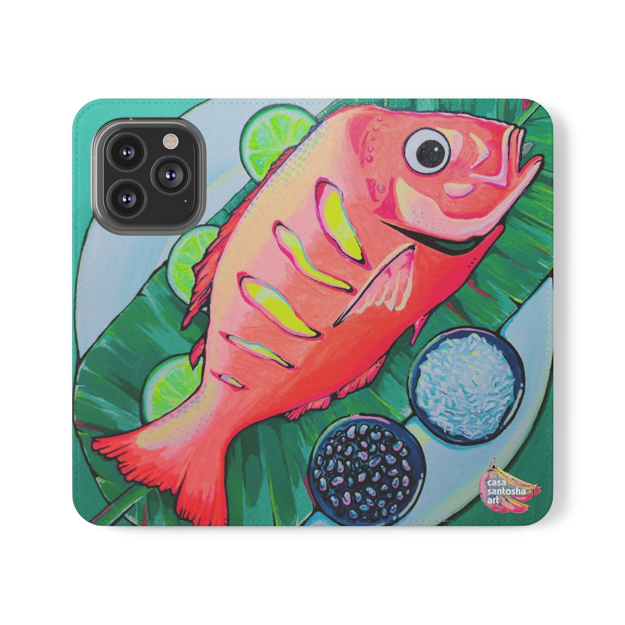 Neon Fried Fish Flip Phone Case – Wallet Cover with Card Slots