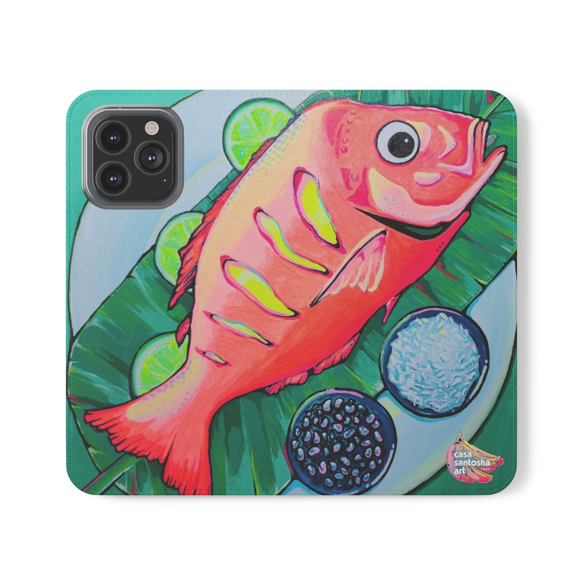 Neon Fried Fish Flip Phone Case – Wallet Cover with Card Slots