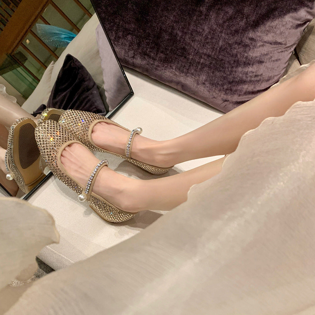 Square Toe Mesh Pearl Mary Jane Shoes