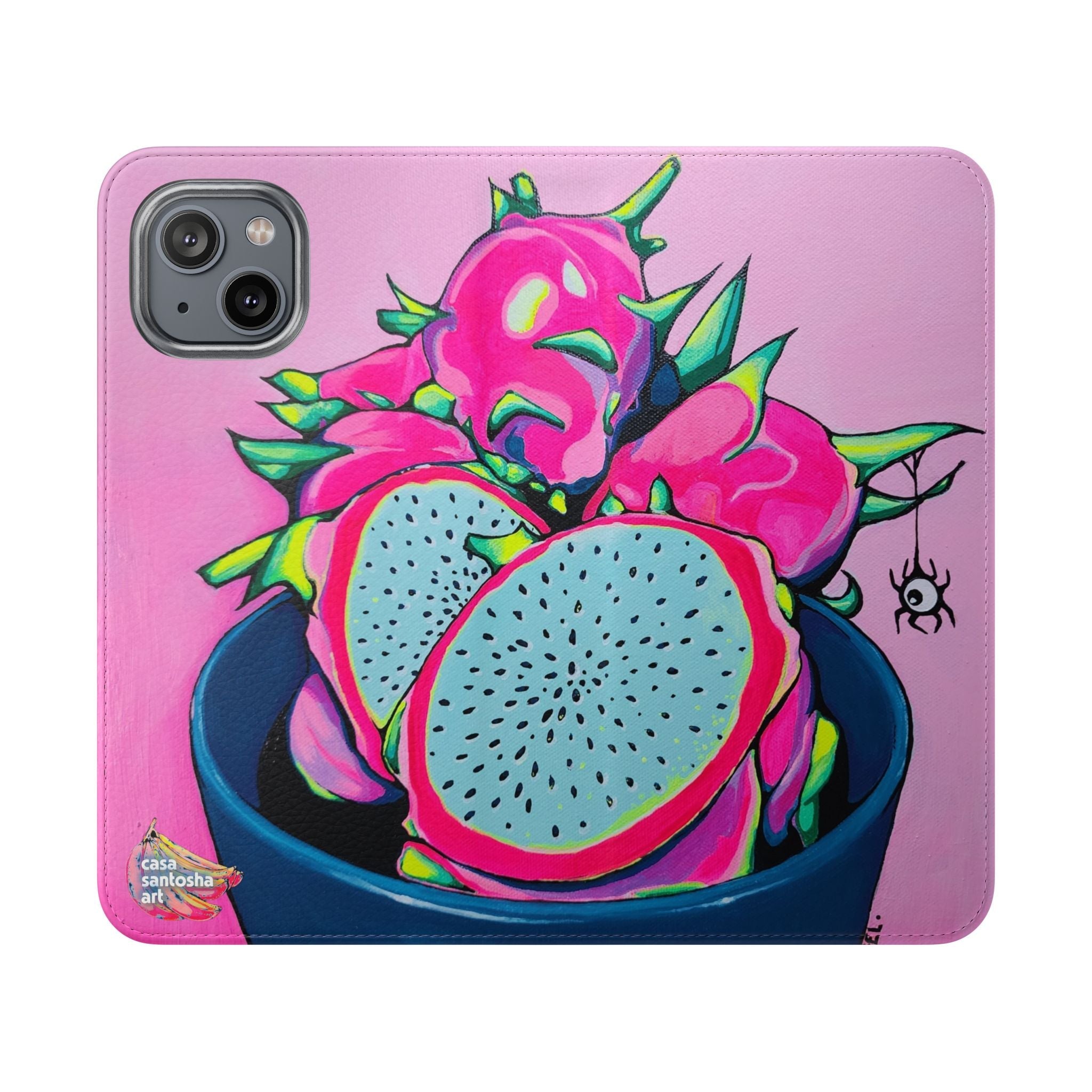 Neon Pink Dragon Fruit Flip Phone Case – Wallet Cover with Card Slots
