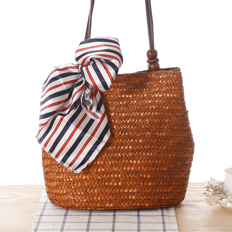 Beaded Shoulder Strap Seaside Straw Bag