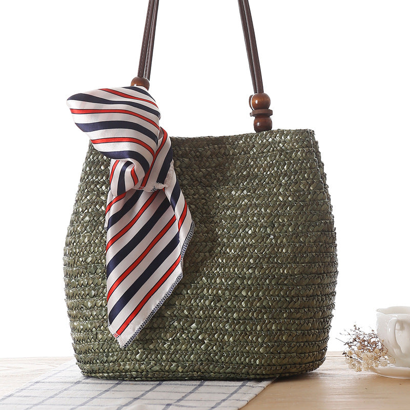 Beaded Shoulder Strap Seaside Straw Bag