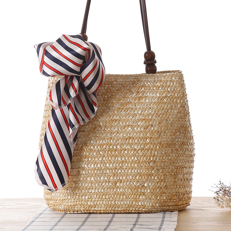 Beaded Shoulder Strap Seaside Straw Bag
