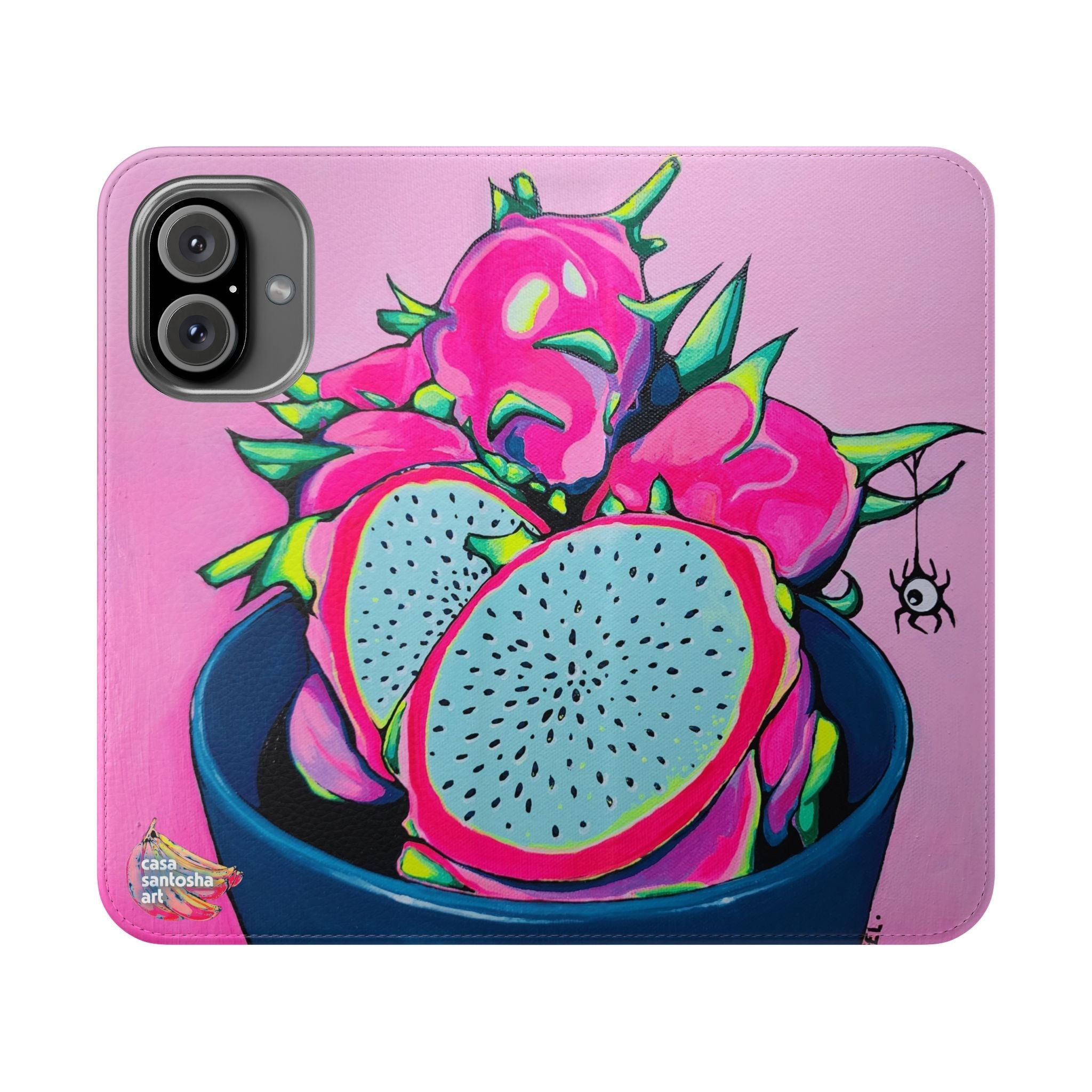Neon Pink Dragon Fruit Flip Phone Case – Wallet Cover with Card Slots