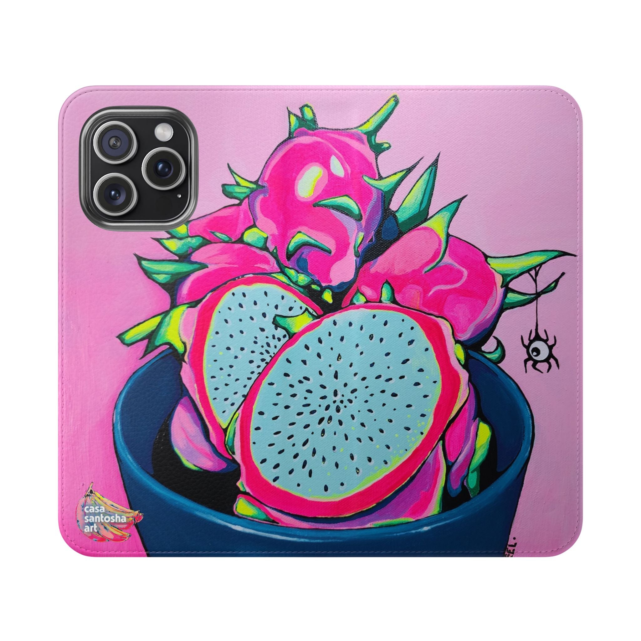 Neon Pink Dragon Fruit Flip Phone Case – Wallet Cover with Card Slots