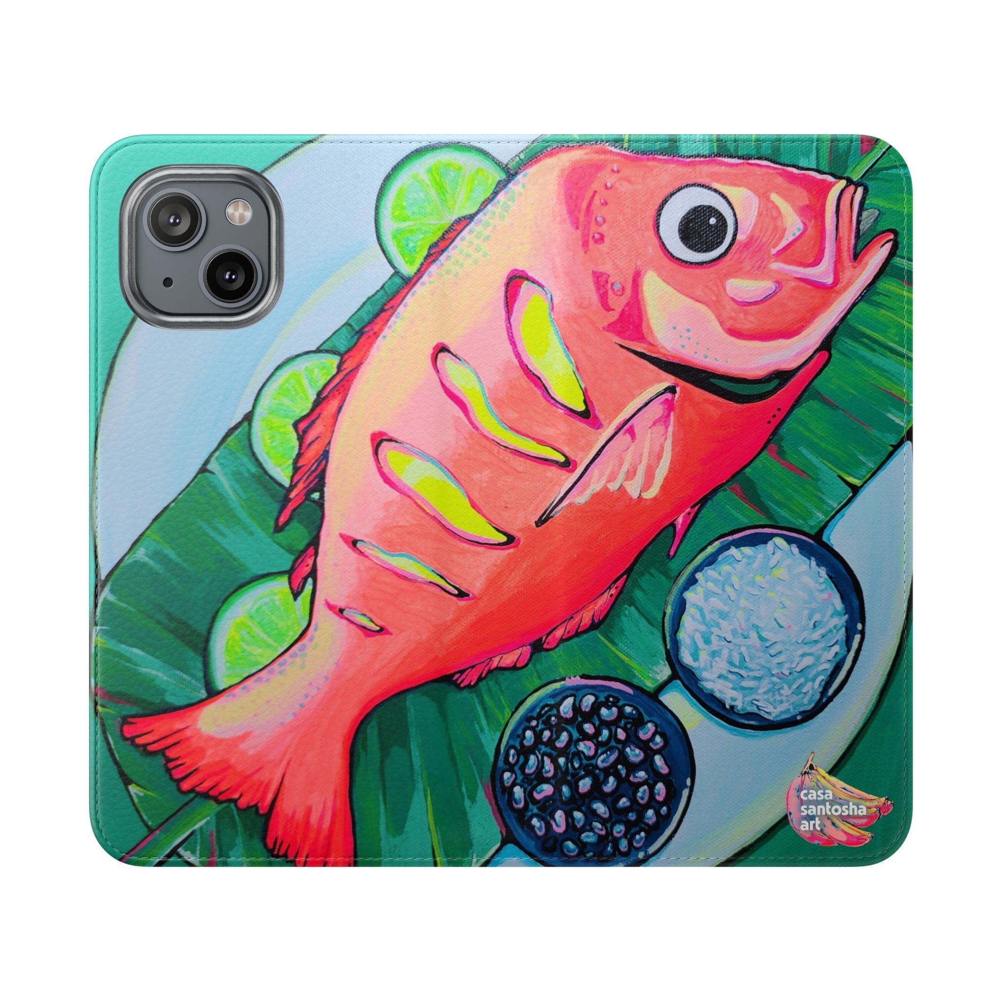 Neon Fried Fish Flip Phone Case – Wallet Cover with Card Slots