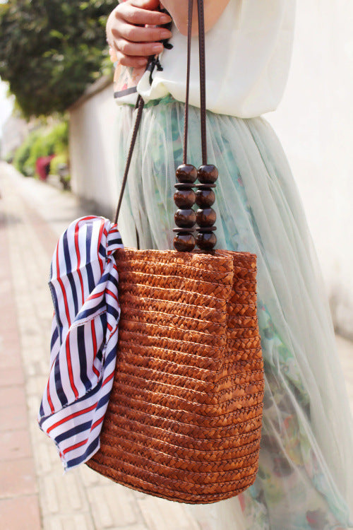 Beaded Shoulder Strap Seaside Straw Bag