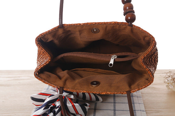 Beaded Shoulder Strap Seaside Straw Bag