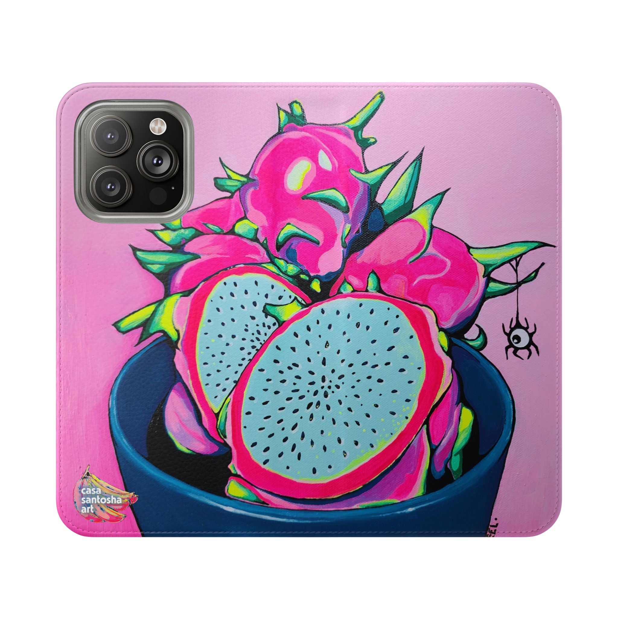 Neon Pink Dragon Fruit Flip Phone Case – Wallet Cover with Card Slots
