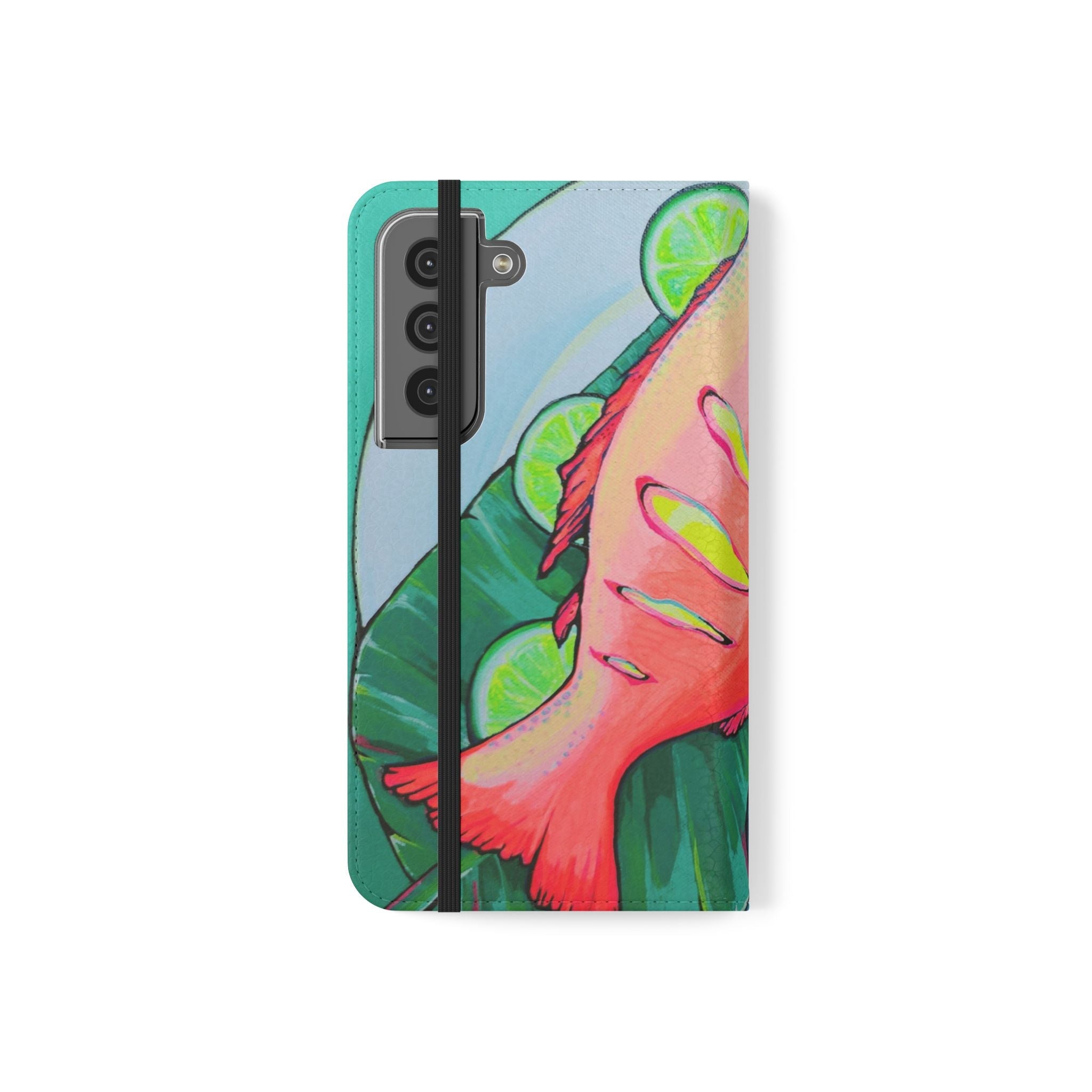 Neon Fried Fish Flip Phone Case – Wallet Cover with Card Slots