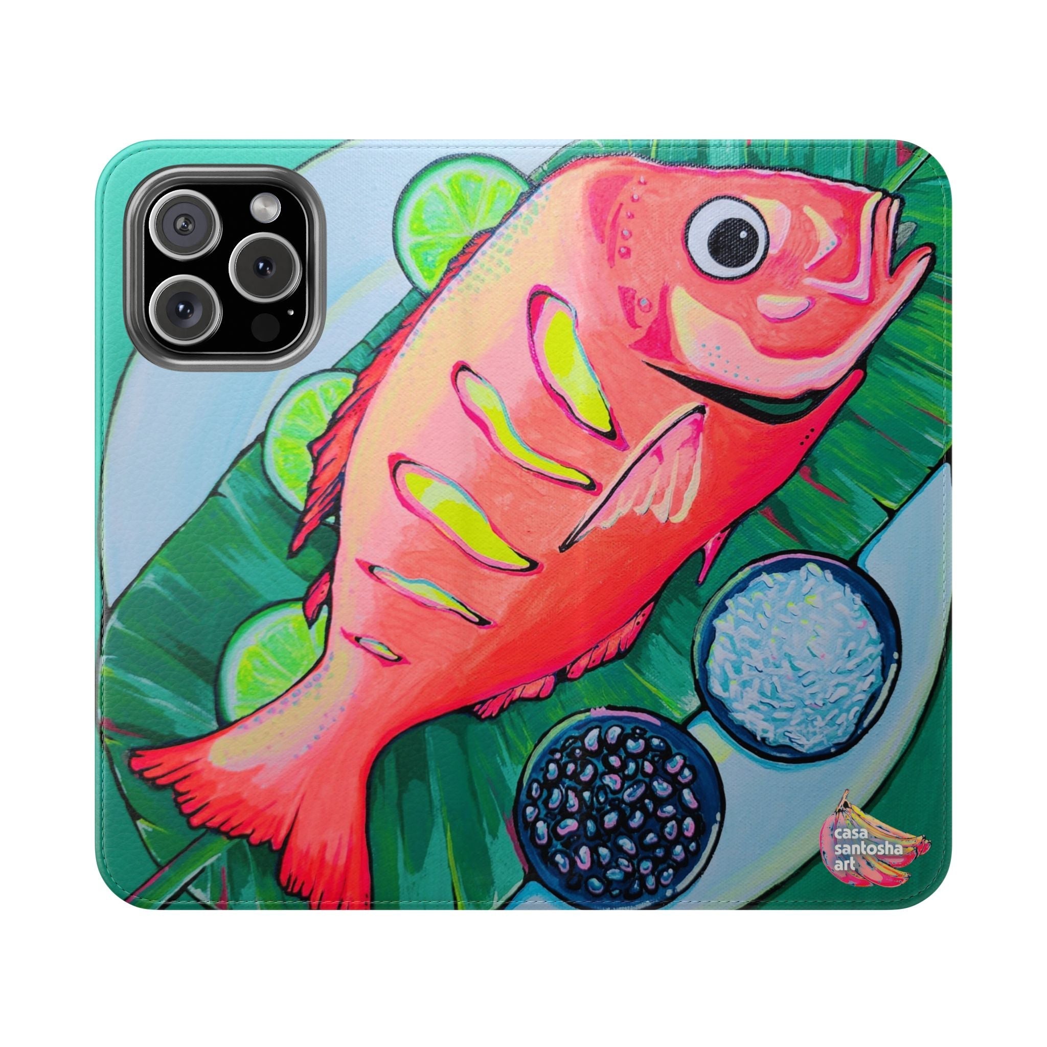 Neon Fried Fish Flip Phone Case – Wallet Cover with Card Slots