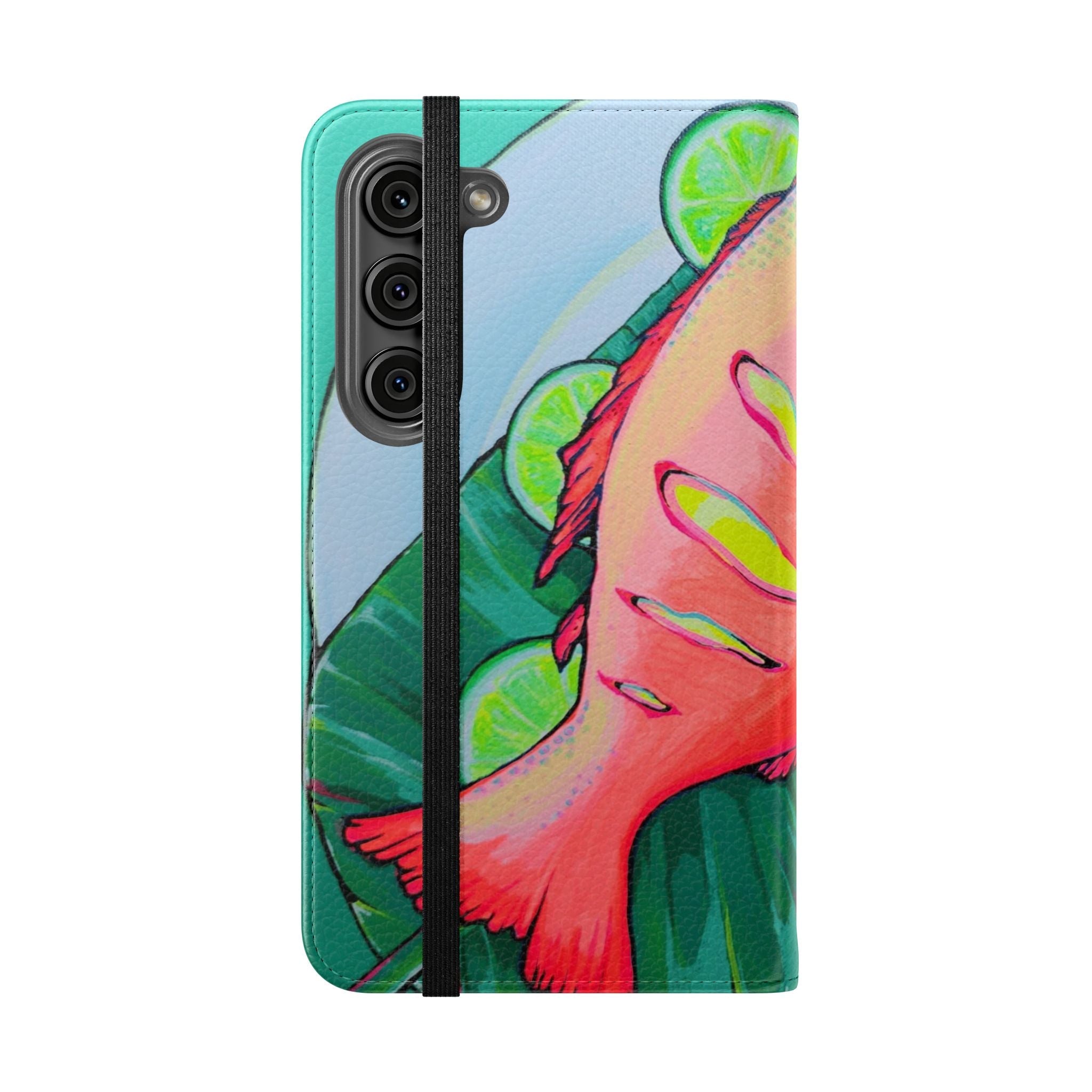Neon Fried Fish Flip Phone Case – Wallet Cover with Card Slots
