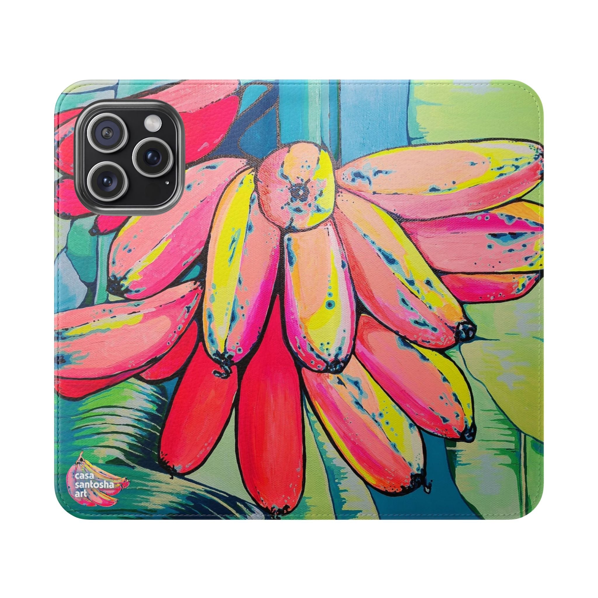 Neon Primitivo Bananas Flip Phone Case – Wallet Cover with Card Slots