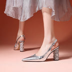 Faux Pearl Rhinestone Buckle Slingback Barrel Heels