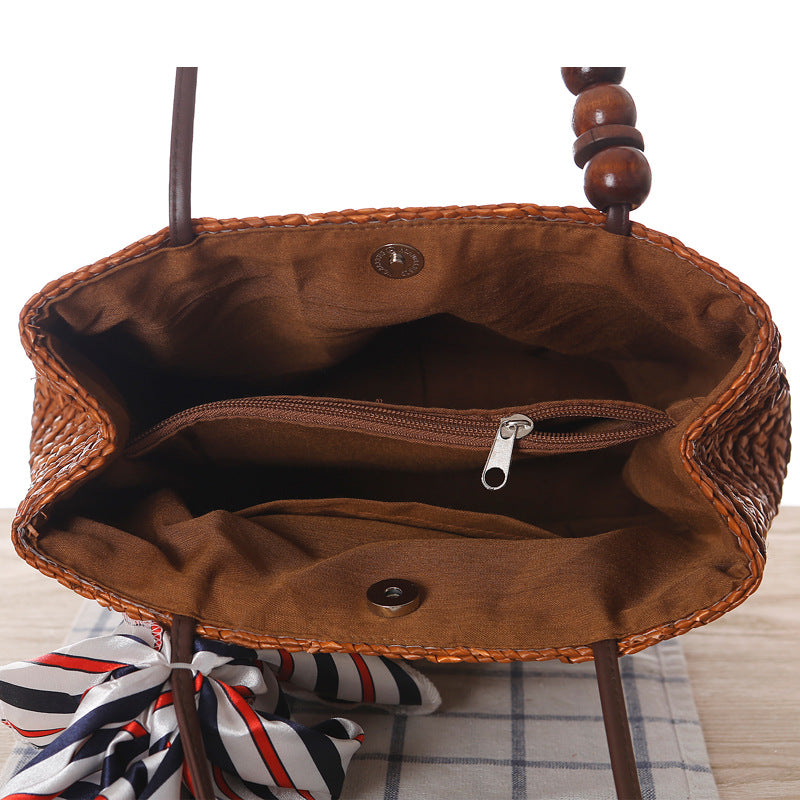 Beaded Shoulder Strap Seaside Straw Bag