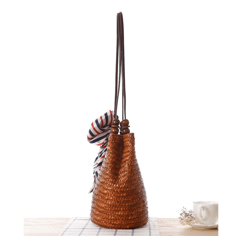 Beaded Shoulder Strap Seaside Straw Bag