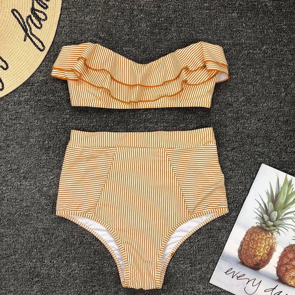 Vintage Striped Ruffled Two piece Swimsuit