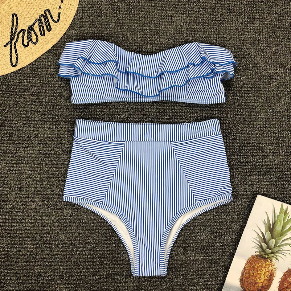 Vintage Striped Ruffled Two piece Swimsuit