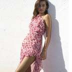 One Shoulder Floral Asymmetric Ruffled Hem Dress