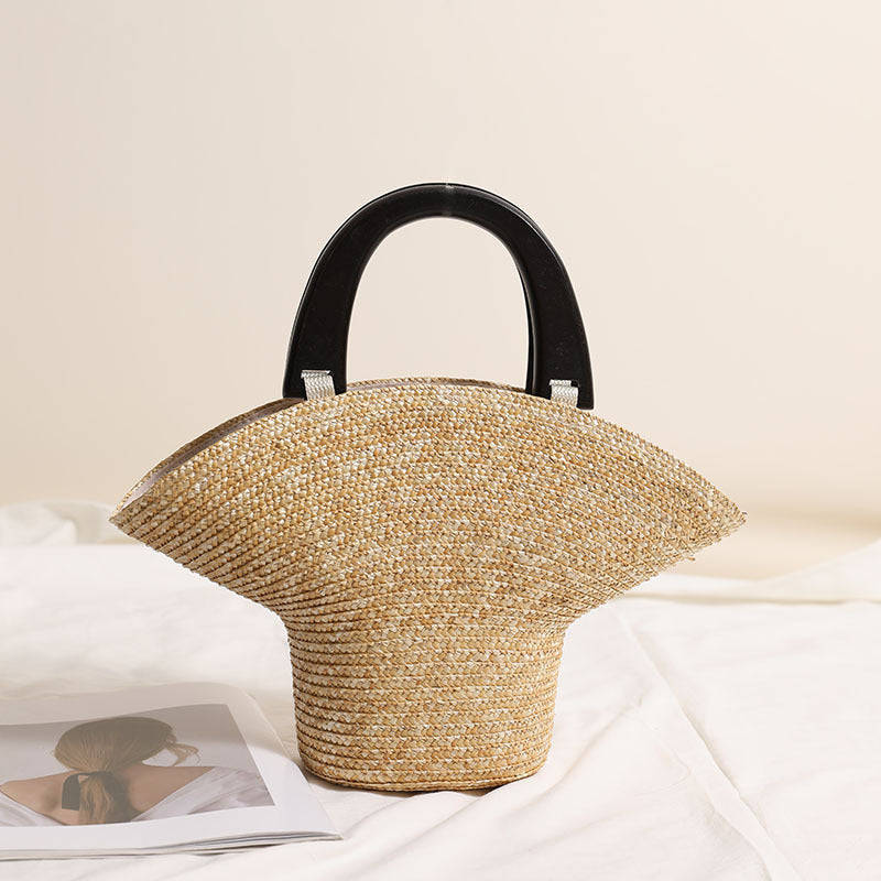 Wooden Handle Hat Shaped Straw Bag