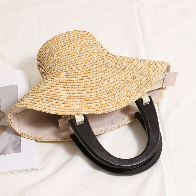Wooden Handle Hat Shaped Straw Bag