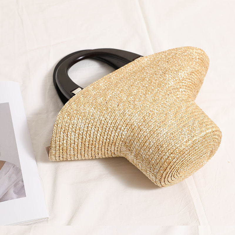 Wooden Handle Hat Shaped Straw Bag