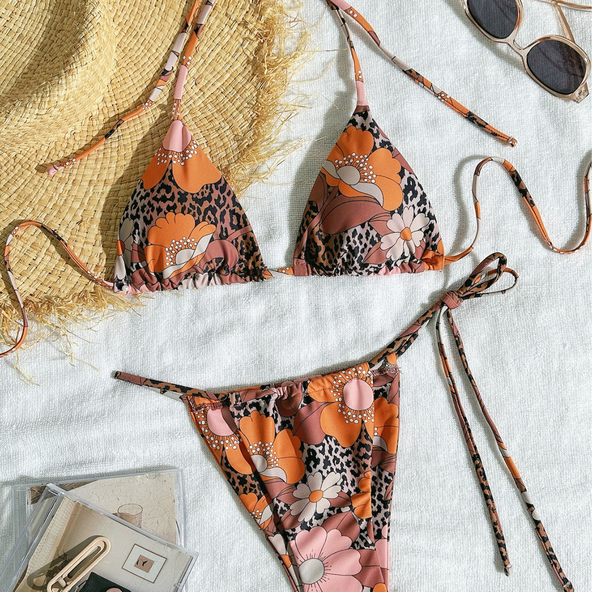 Geometric Floral Strappy Bikini Set