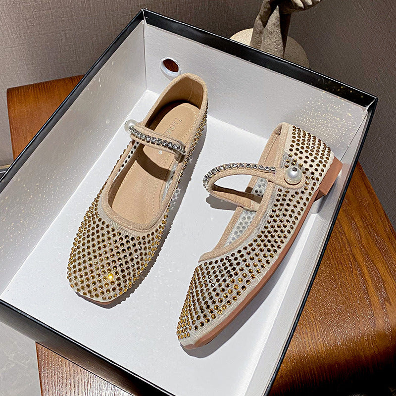 Square Toe Mesh Pearl Mary Jane Shoes