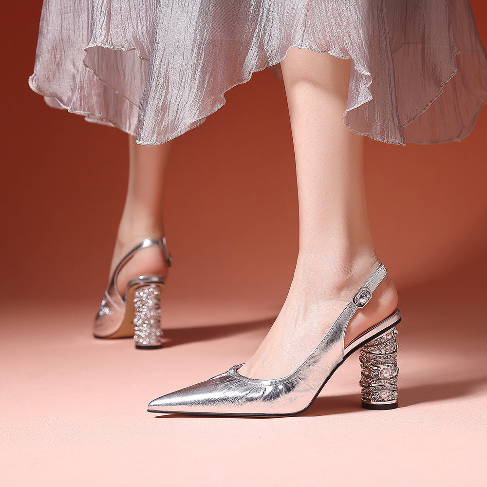 Faux Pearl Rhinestone Buckle Slingback Barrel Heels