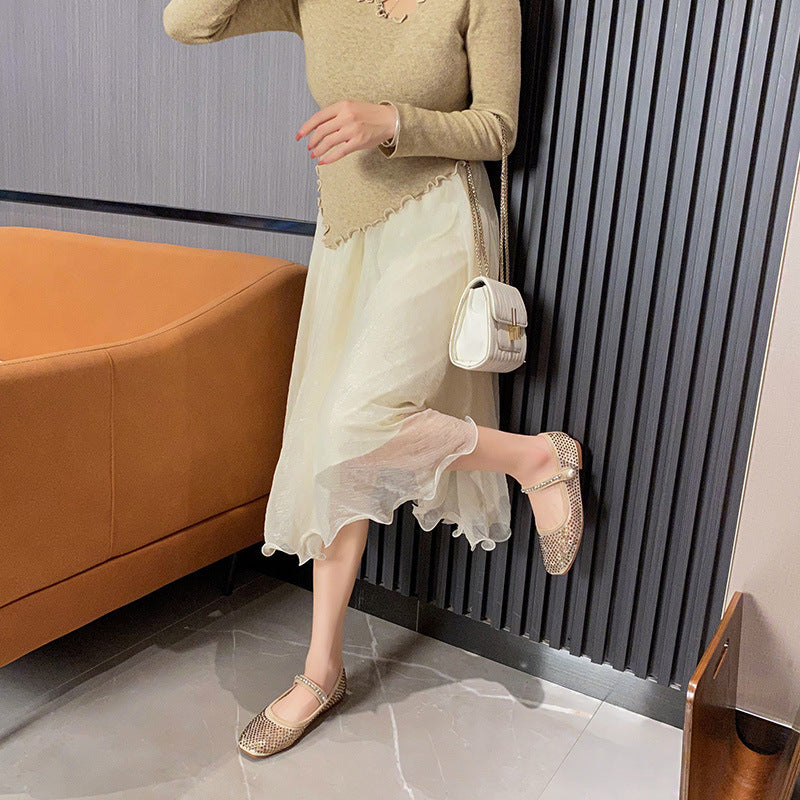 Square Toe Mesh Pearl Mary Jane Shoes