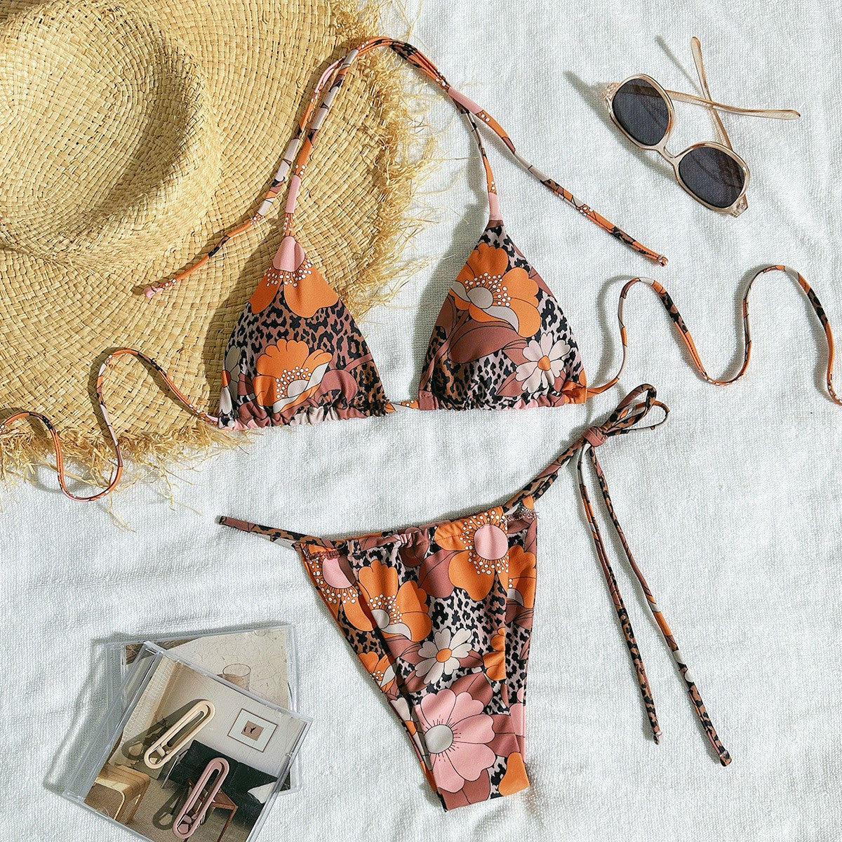 Geometric Floral Strappy Bikini Set